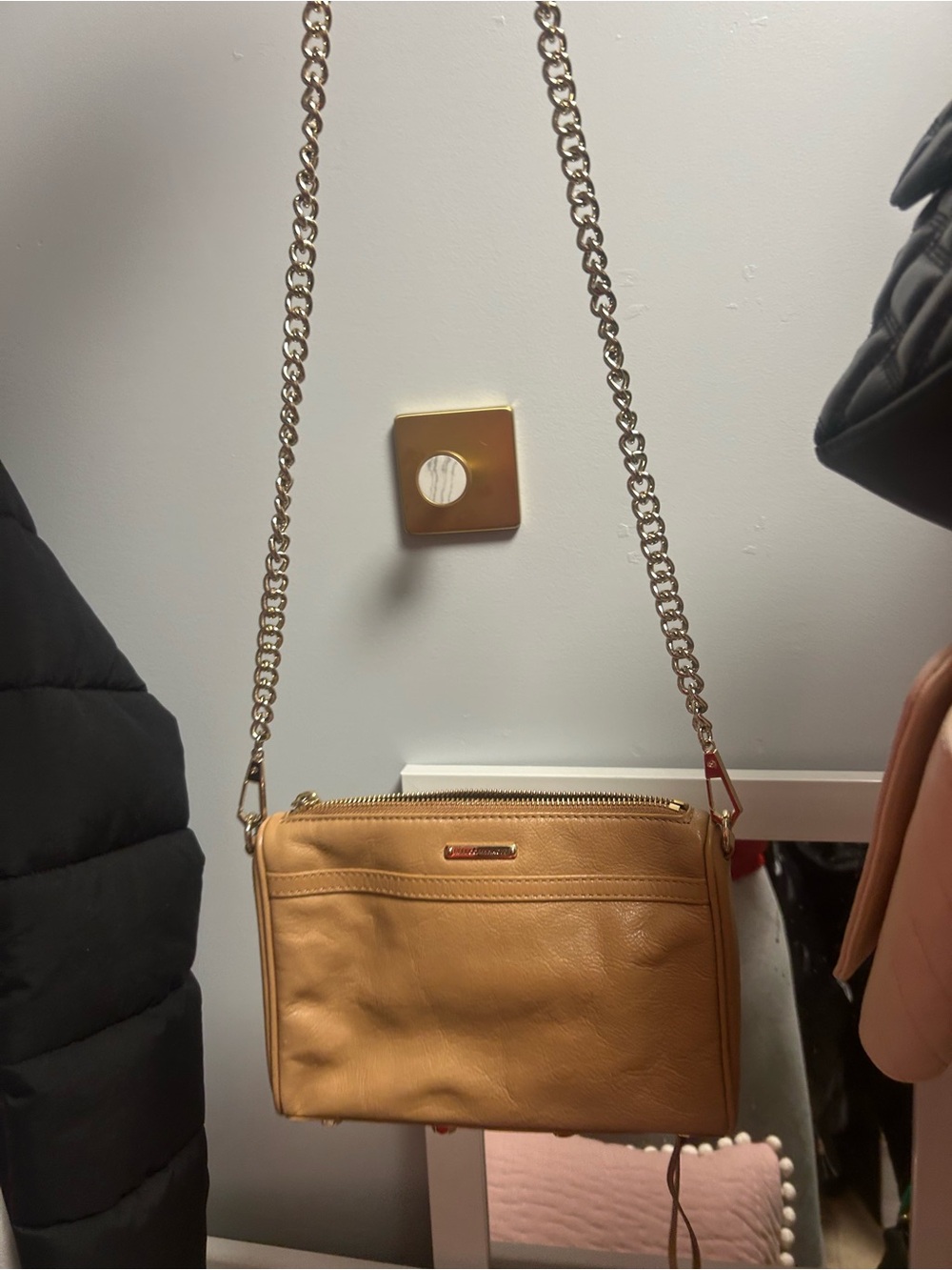 Rebecca Minkoff Tan Leather Crossbody with Gold Chain Strap